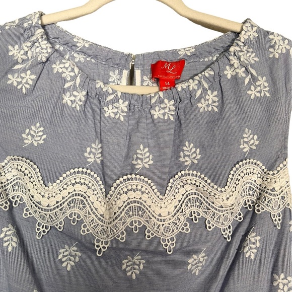 Monique Lhuillier Blue Sleeveless Embroidered Lace Poplin Midi Dress Size 14 - Picture 12 of 16